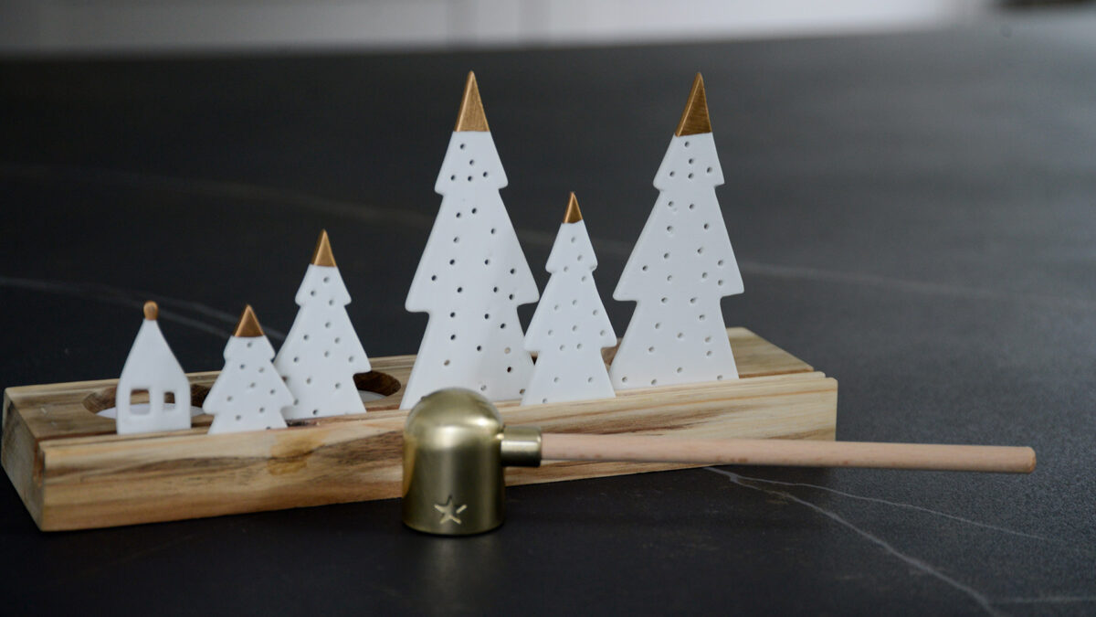 Christmas scene wooden tea lights holder with porcelain trees and a house