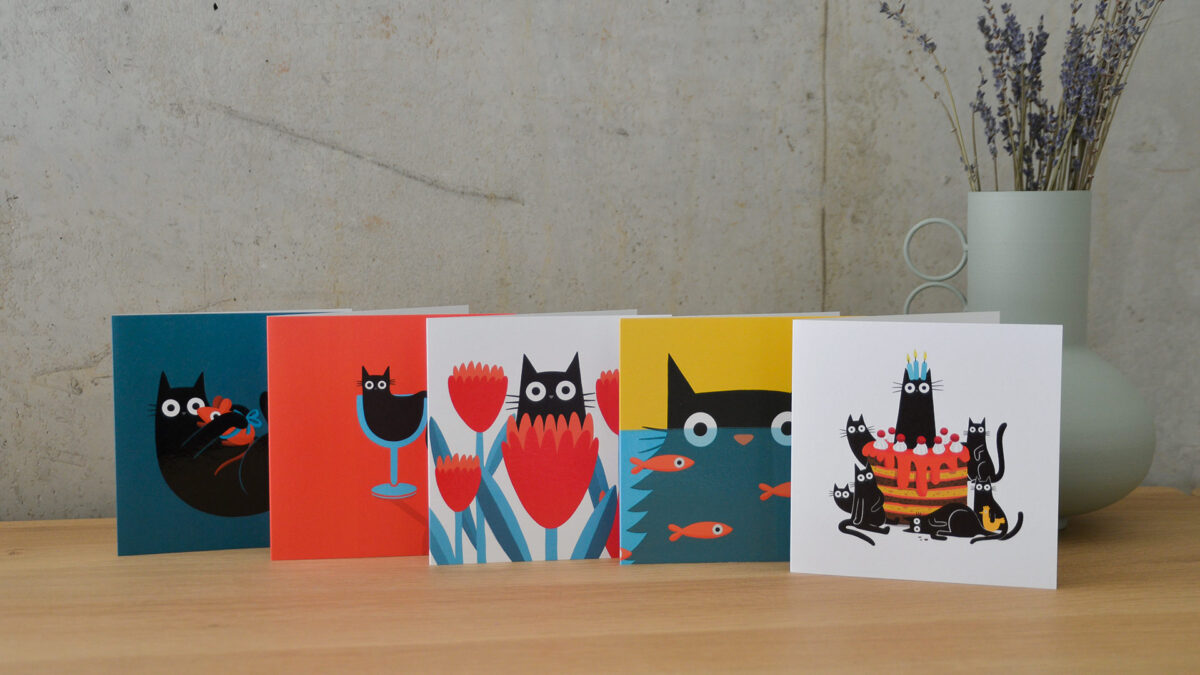 Set of Five Black Cat Cards