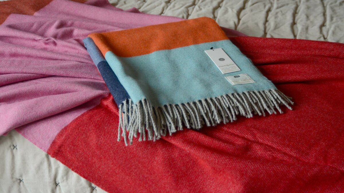 Cashmere and merino blend soft bright colour block throws