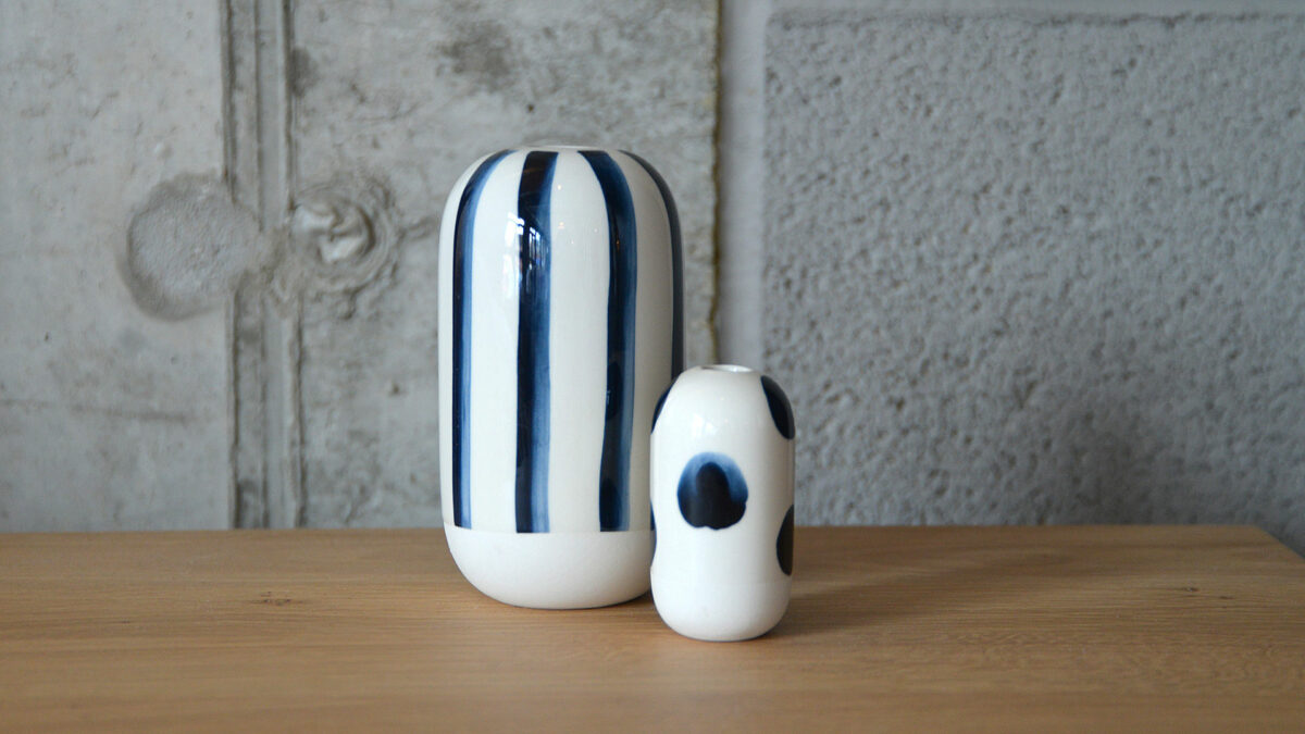 ceramic vases with blue dots or stripes