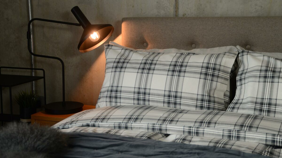 Ivory and grey check soft brushed cotton bedding.