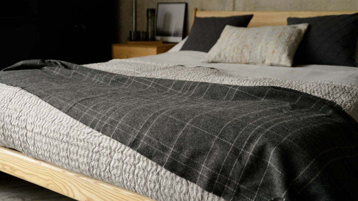 charcoal and ivory double windowpane patterned merino wrap or throw