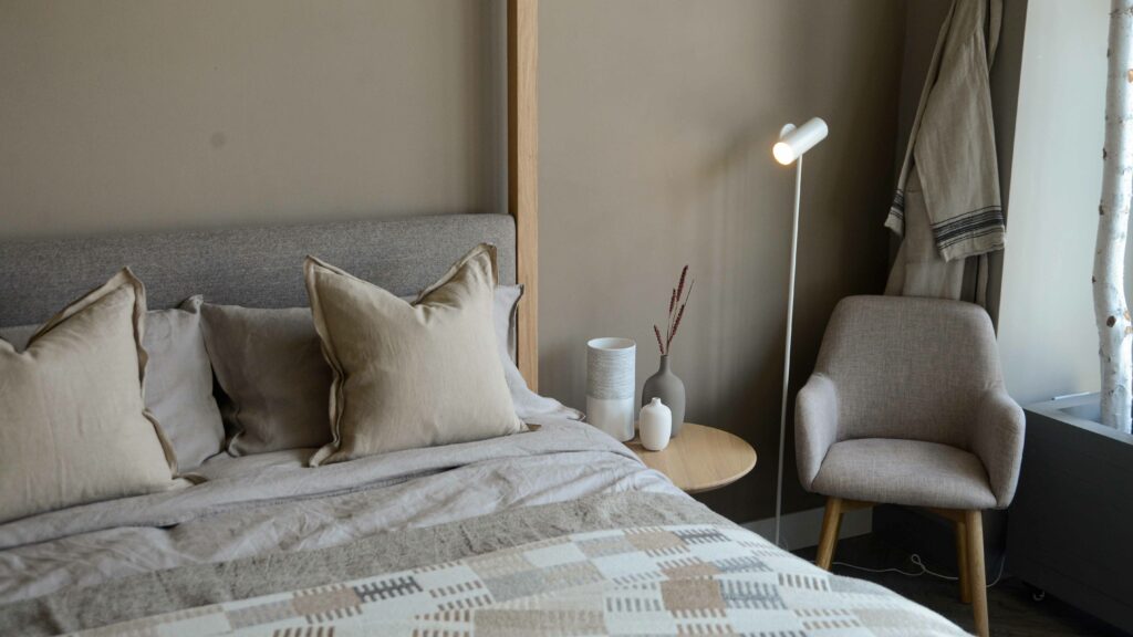 grey bedroom chairs light oak bedside tables