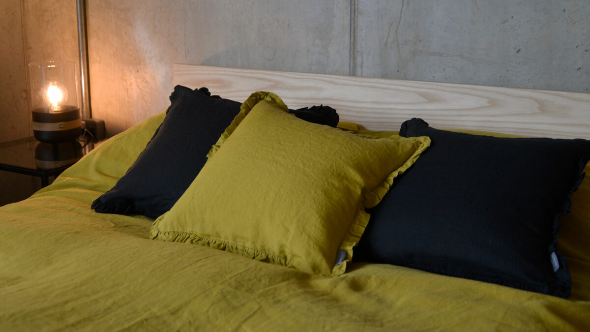 chartreuse-and-black-linen-ruffle-cushions