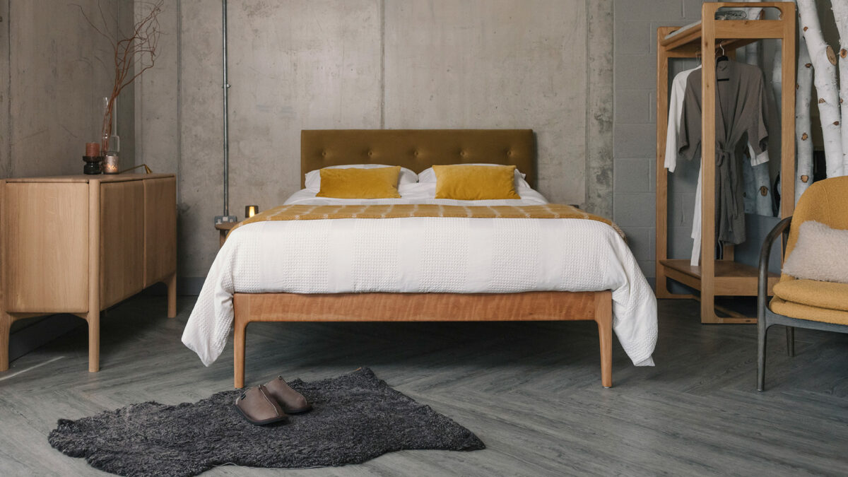 cherry bloomsbury with eco velvet headboard and white waffle stripe bedding