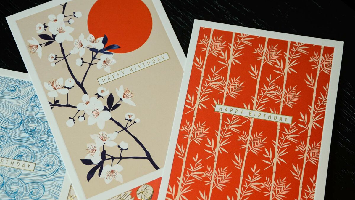 set of birthday cards with Japanese designs and gold detailing