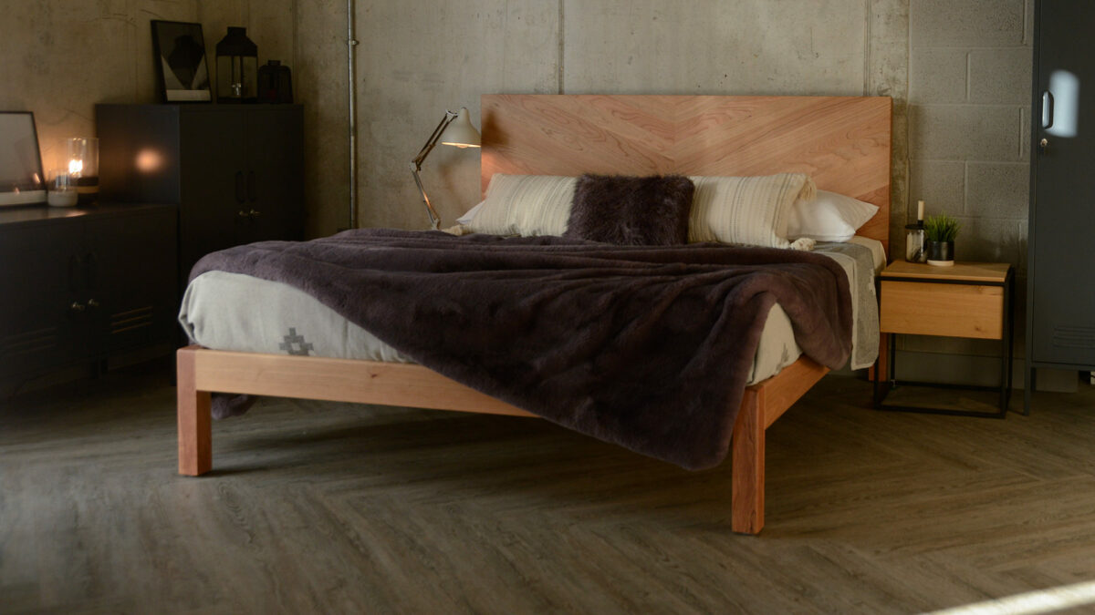 Industrial look bedroom with the tall headboard, solid wood, handmade Hathersage bed