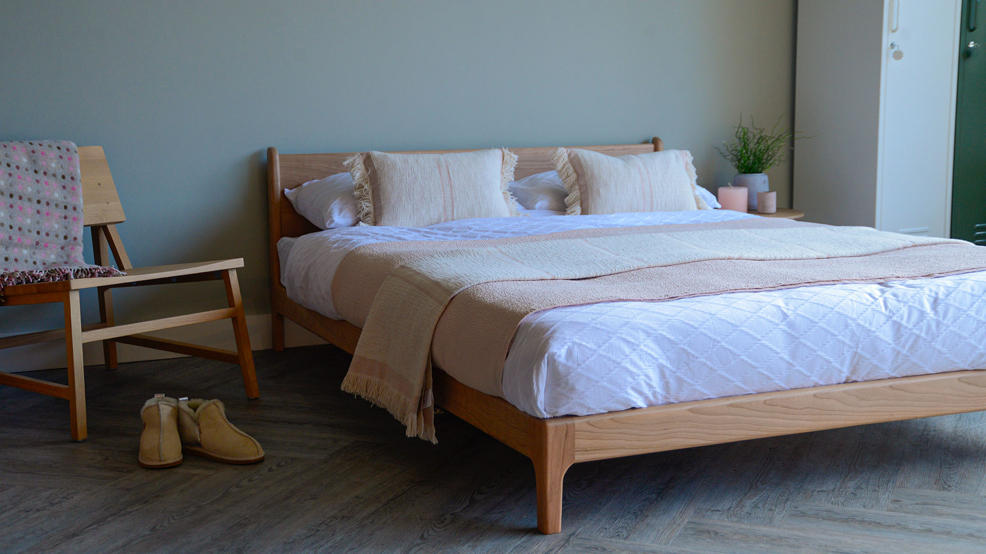 The pimlico midcentury style low wooden bed, here shown in cherry