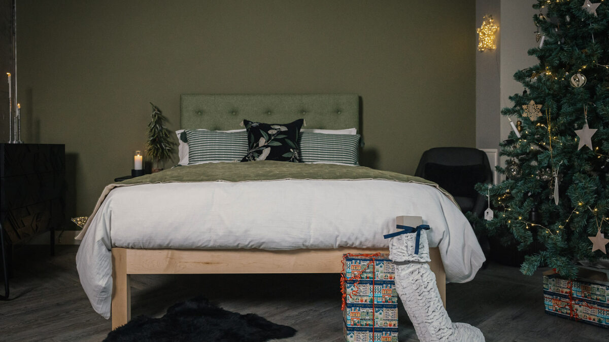 Christmas bedroom featuring a Skye tall headboard bed with a maple wood frame