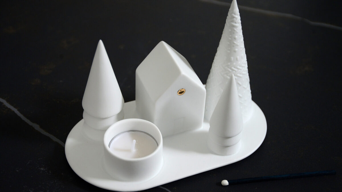 Christmas scene porcelain tea light holder with snowy trees and a house