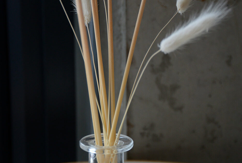 luxury glass citrus musk and patchouli room scent diffuser with reeds and bunny tails