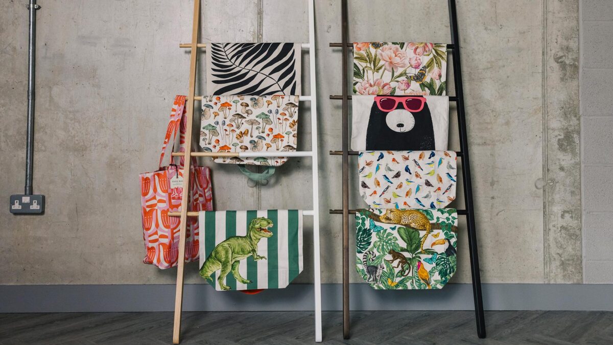 collection of printed tote bags