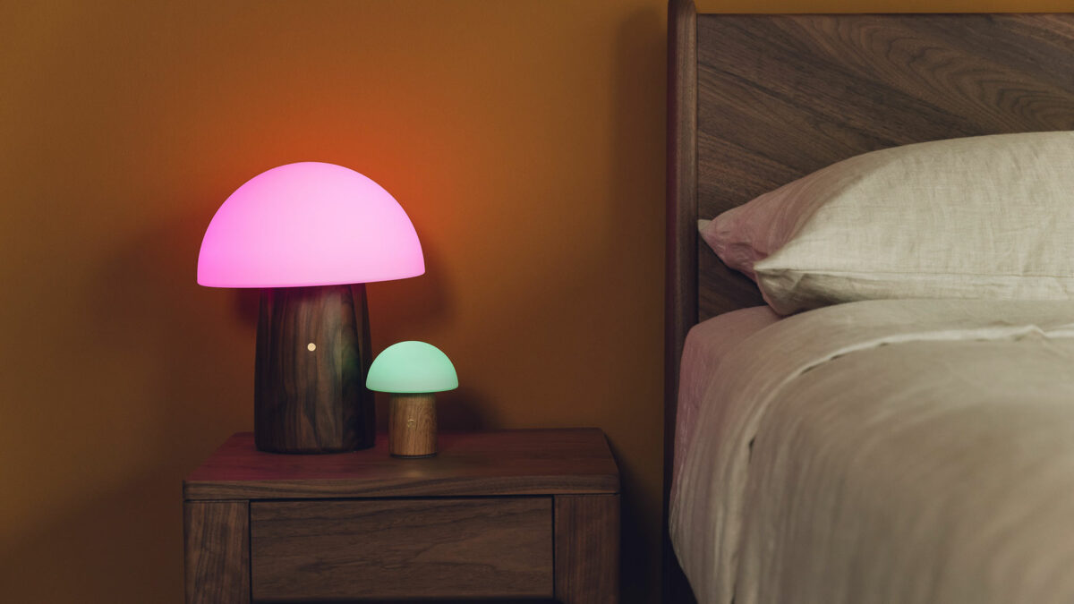 Mushroom shaped lamps with wooden bases in 2 sizes with colour change and white light modes