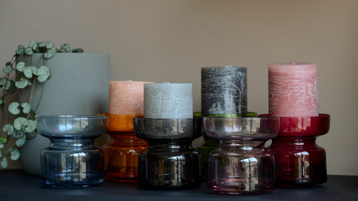 colourful glass candle holders with pillar candles