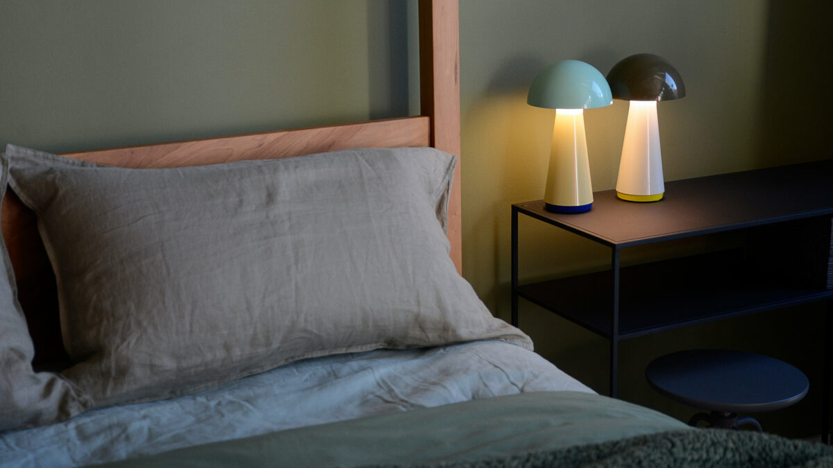 colourful mushroom portable lamps with mismiatched green bedding