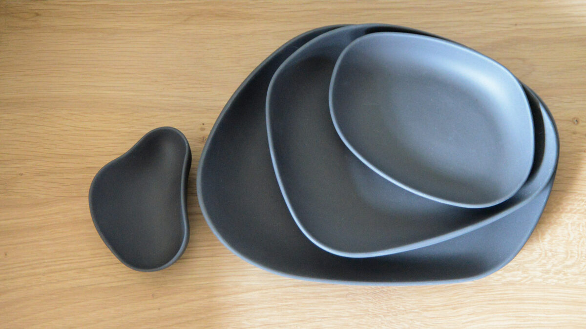 contemporary dishes in deep grey from above