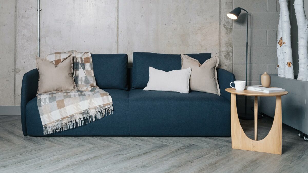 contemporary sofa bed with oak geometric table