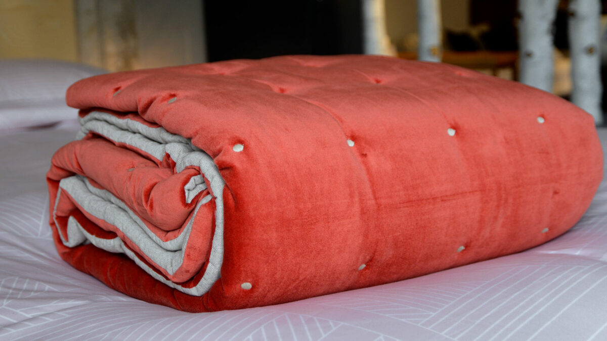 coral velvet and linen reversible throw