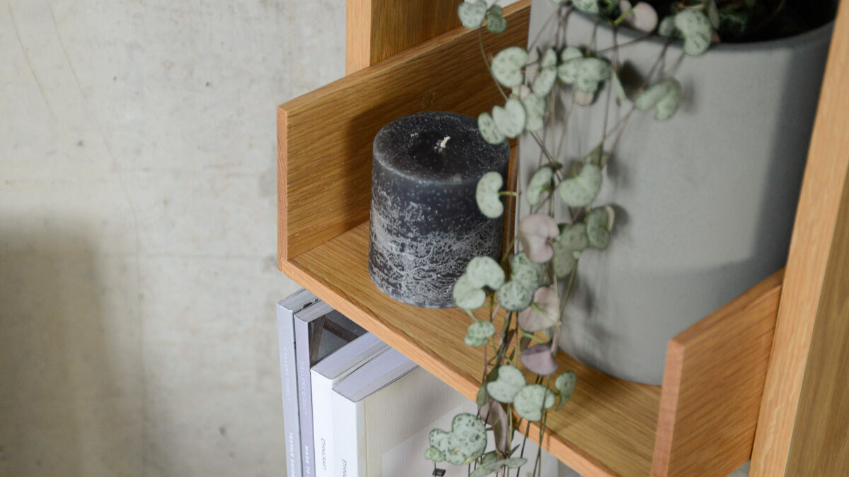 close up view of the freestanding oak bookshelf