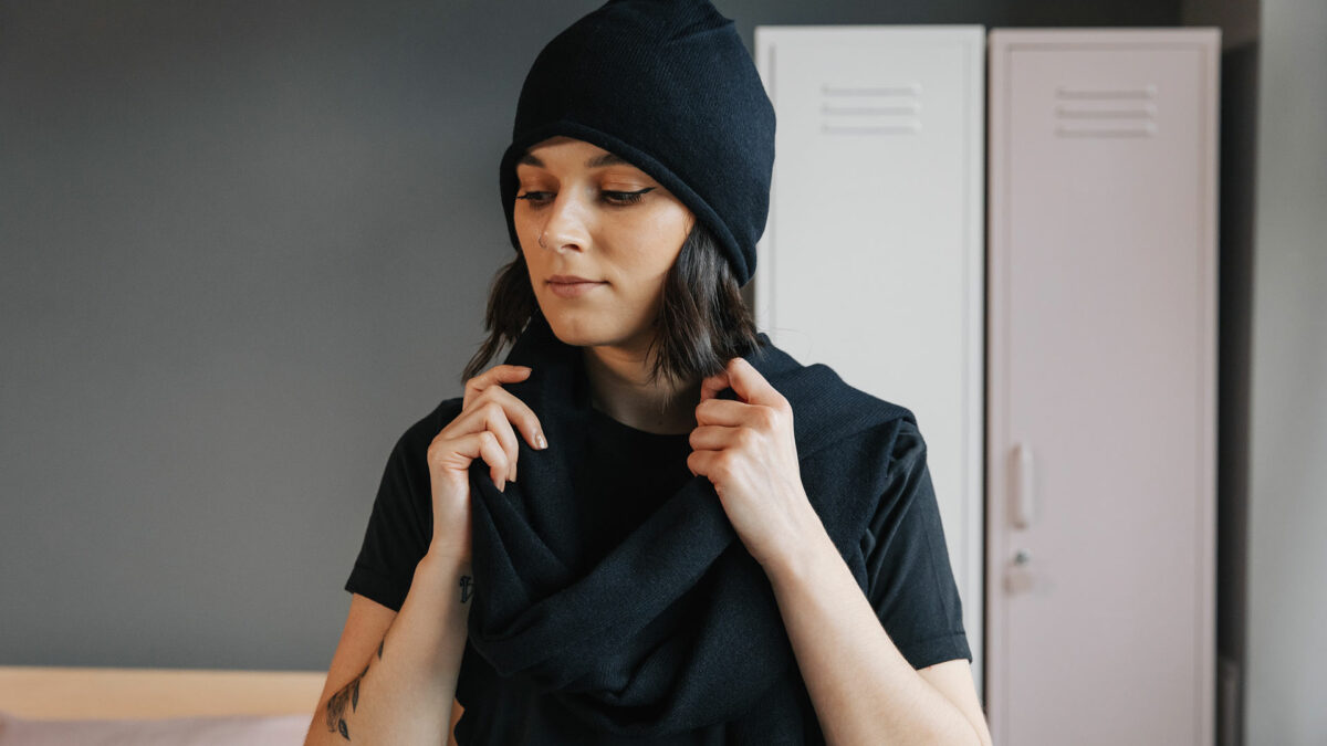 cosy black knitted hat and scarf