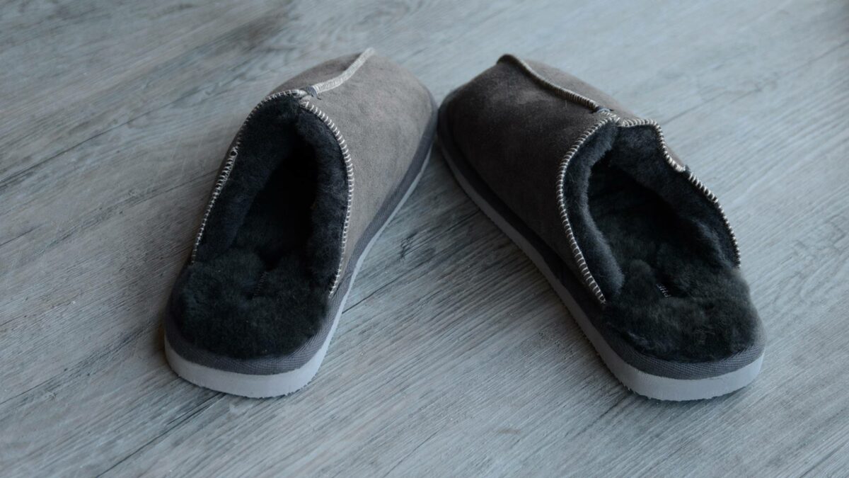 grey sheepskin mule style slippers