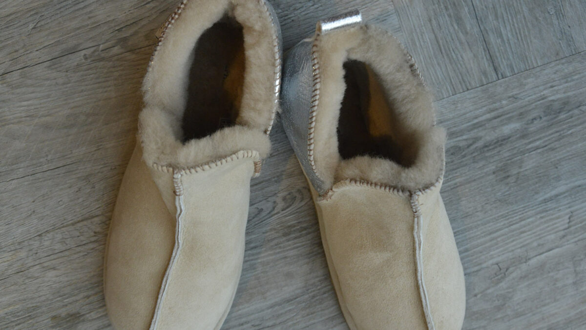 cosy sheepskin boot style slippers in silver & sand