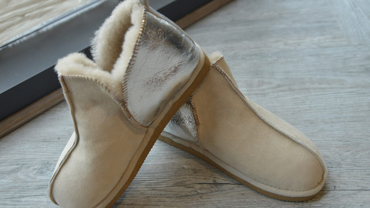 cosy boot style sheepskin slippers in silver & sand