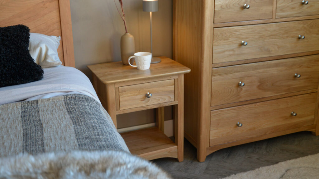 traditional style oak bedside table with drawer and open shelf