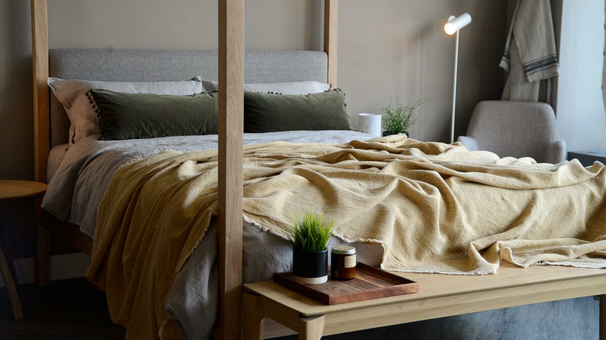 cotton and linen blend large throw ochre on highland