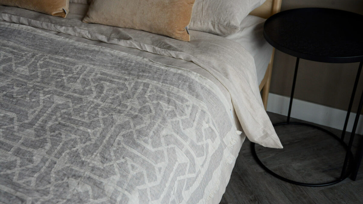 cotton and linen blend textured graphic throw corner view