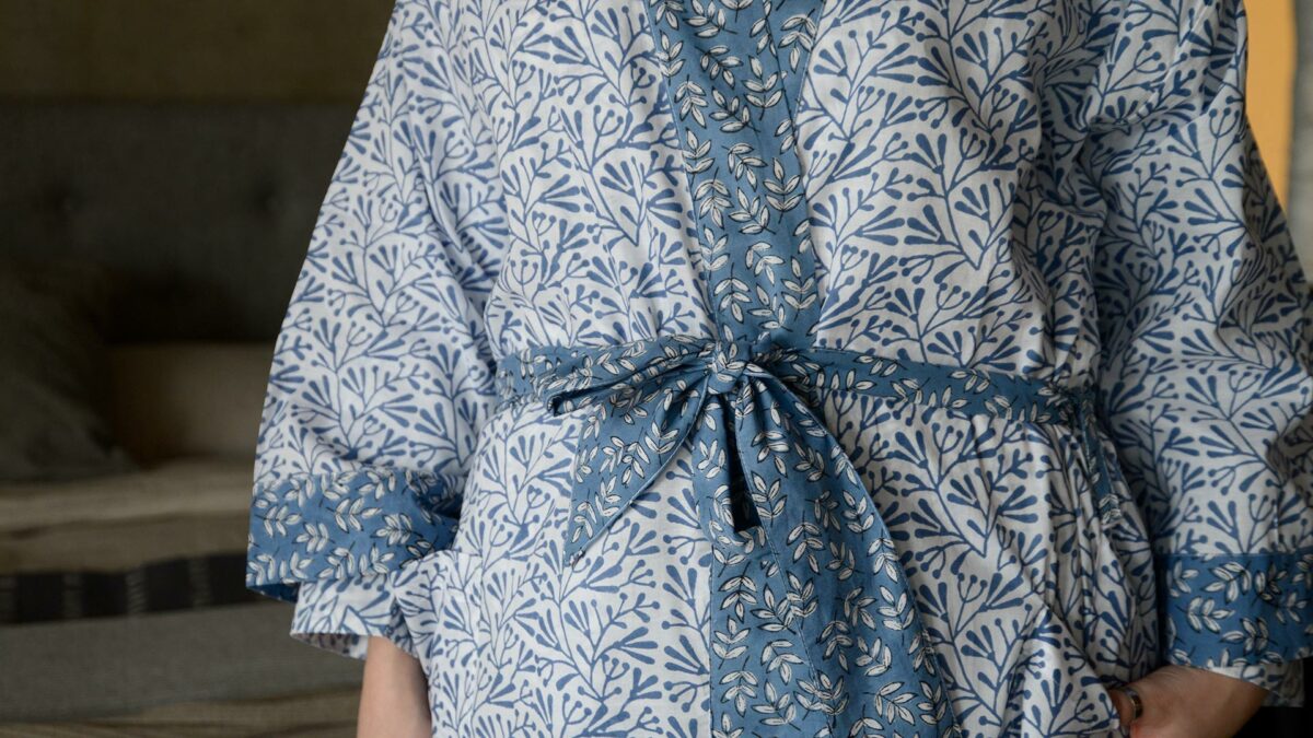 lightweight white cotton robe with a block print leaf design in blue