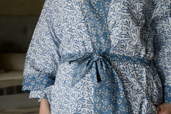 lightweight white cotton robe with a block print leaf design in blue