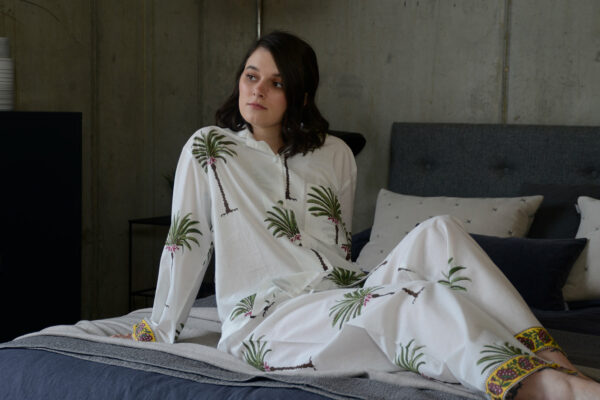 light cotton pyjamas with palm tree print and patterned cuff details