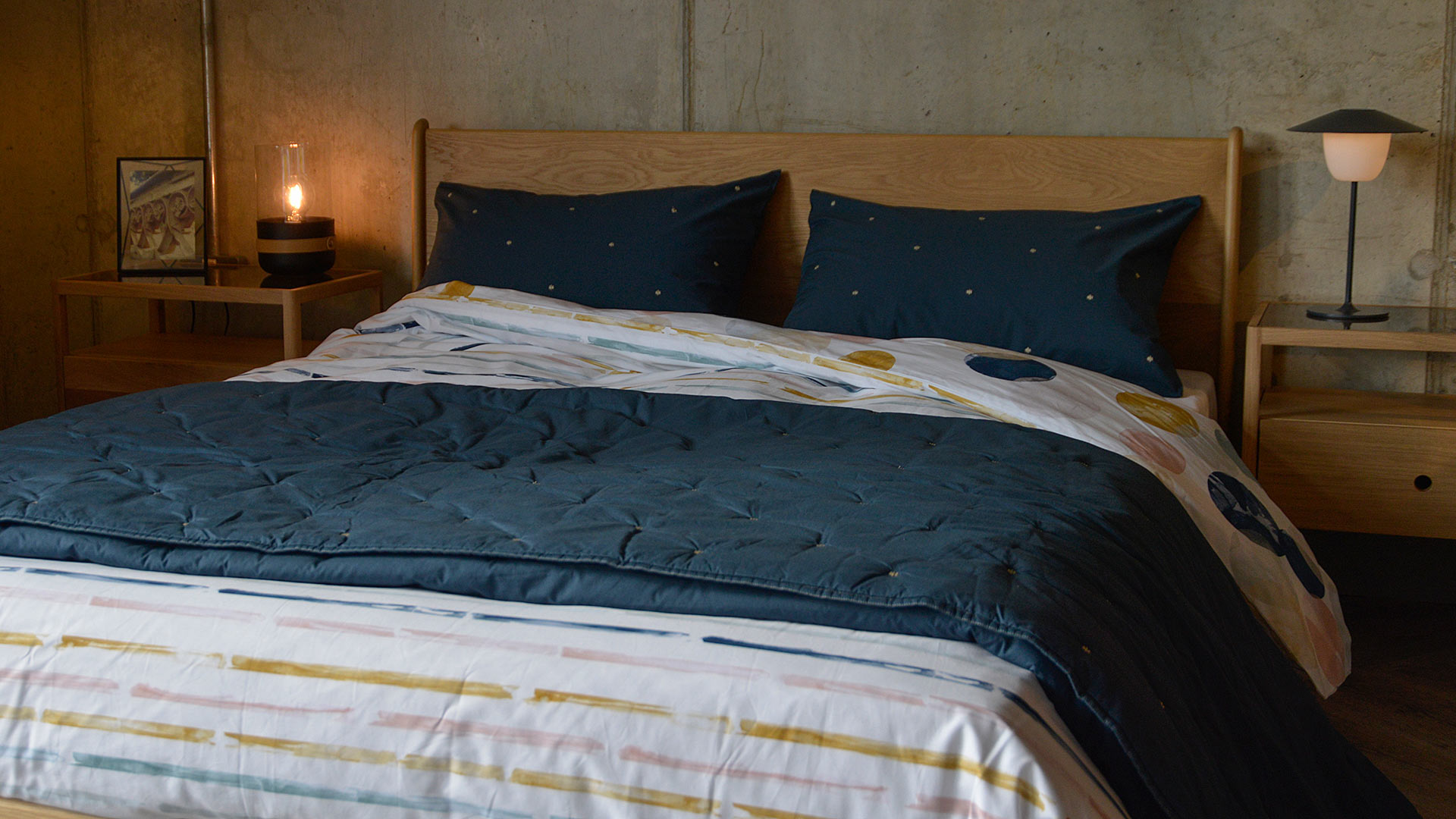 Navy quilted bedspread & pillow shams set, blue ombre ocean inspired print. natural bed company