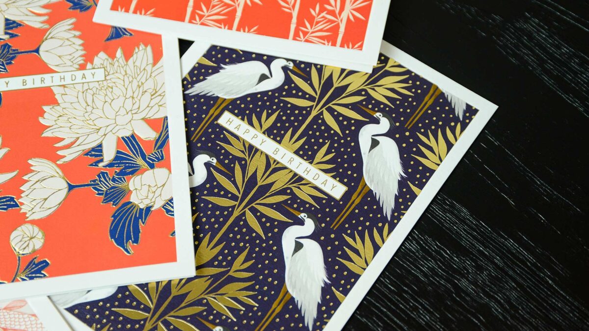 set of birthday cards with Japanese designs and gold detailing