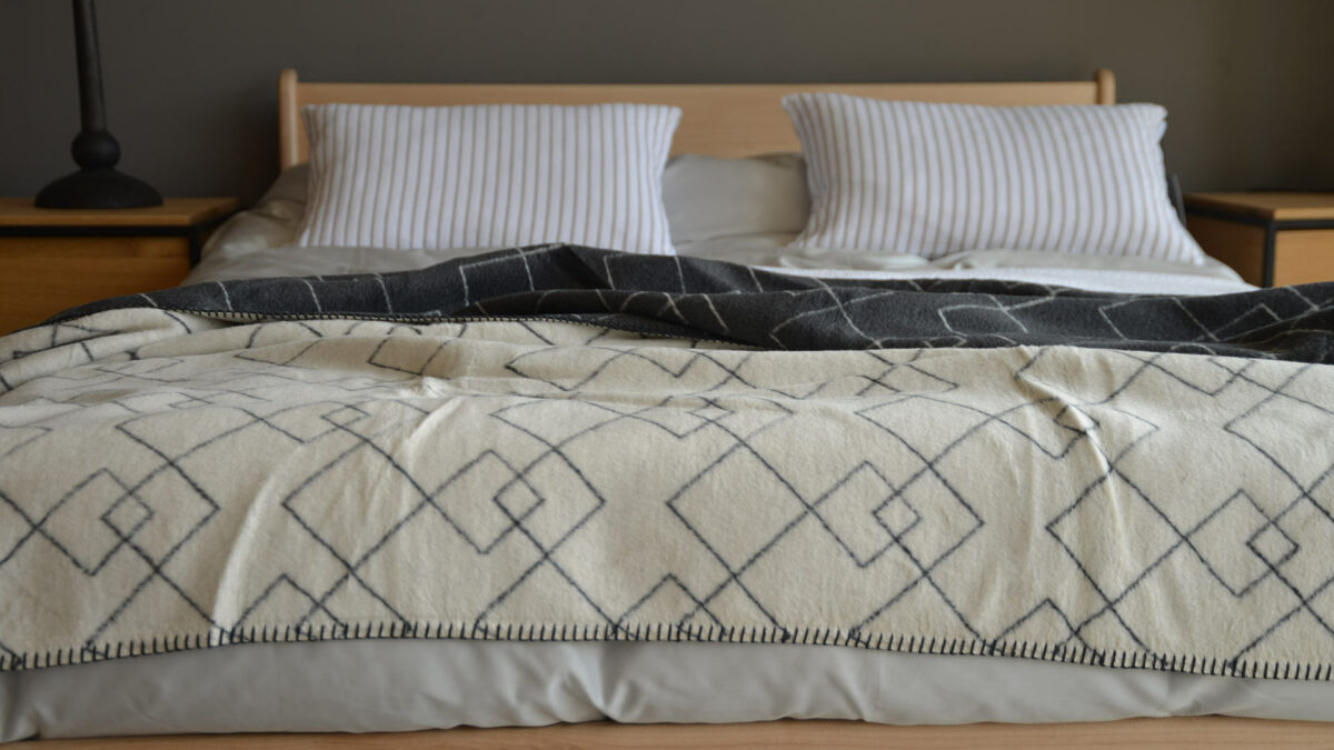 cream and charcoal cosy blanket with boho squares pattern