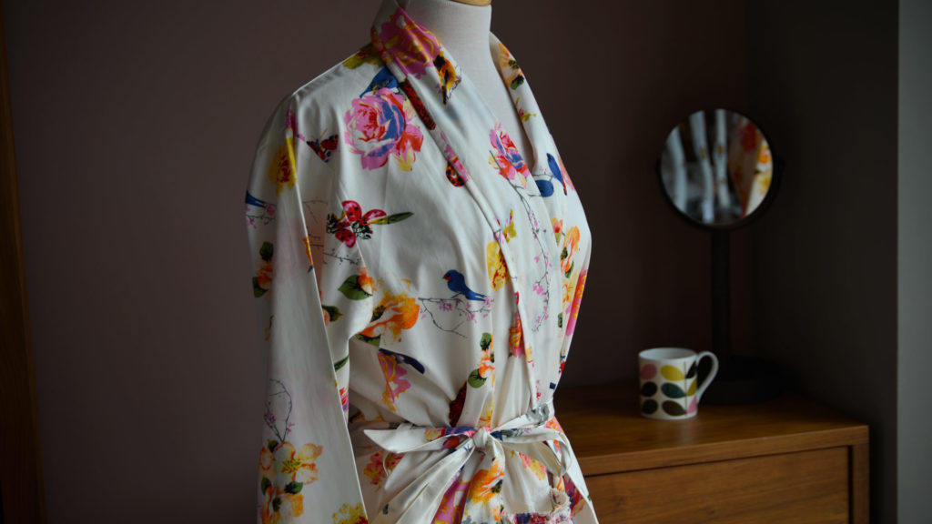 bright colours floral print dressing gown with ruffle cuff detail