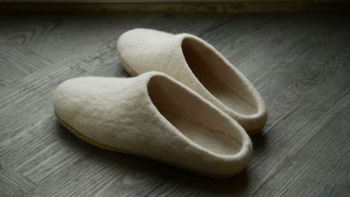 cream felt slippers with leather sole