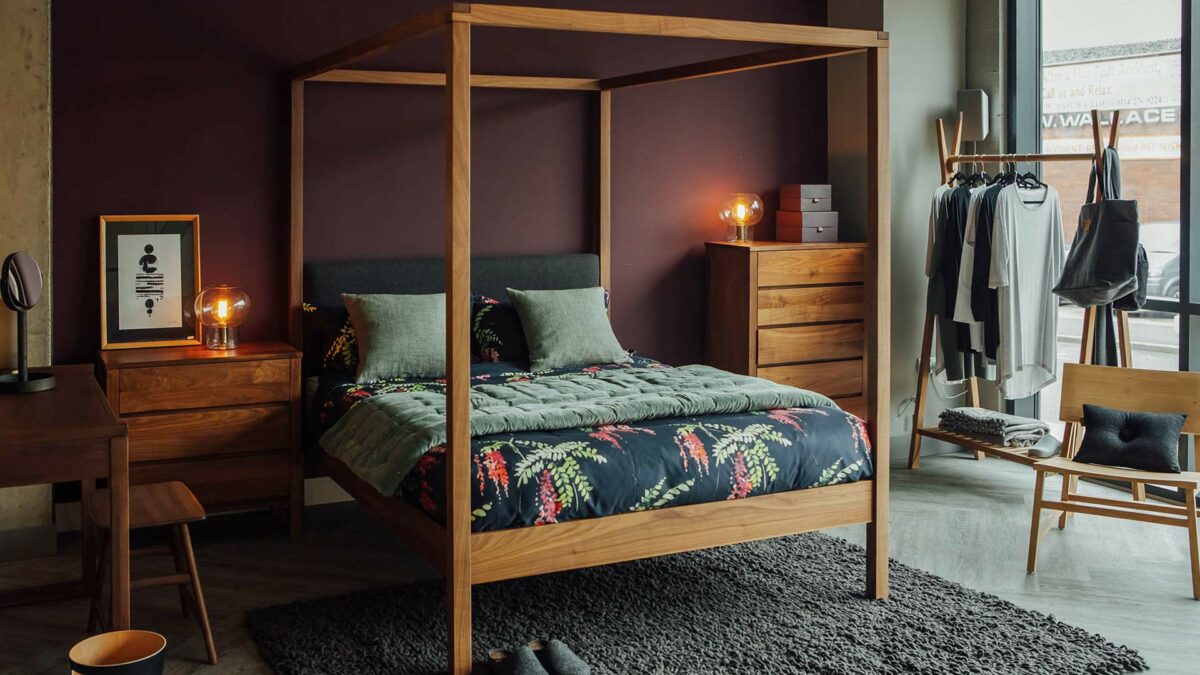 Walnut bedroom furniture, the Highland solid wood 4 poster bed and Shaker chests of drawers