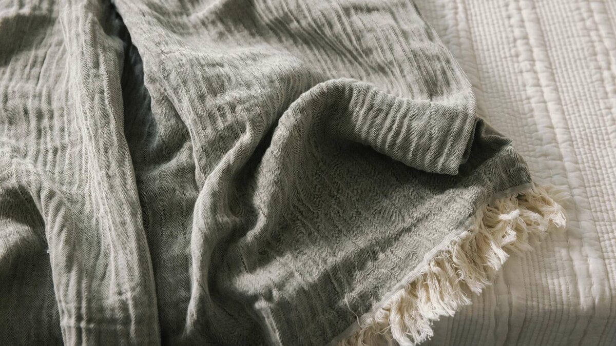crinkle look organic cotton linen throw greenish grey