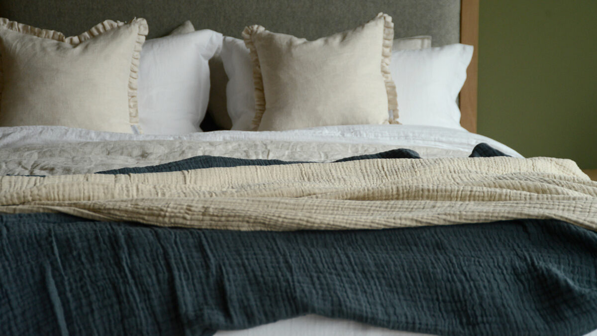crinkle muslin throws in slate and natural