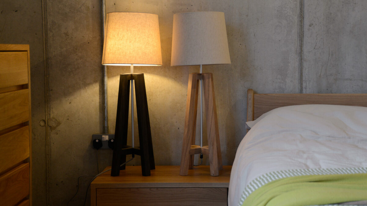 cross lamp bases in natural and dark with ecru shade
