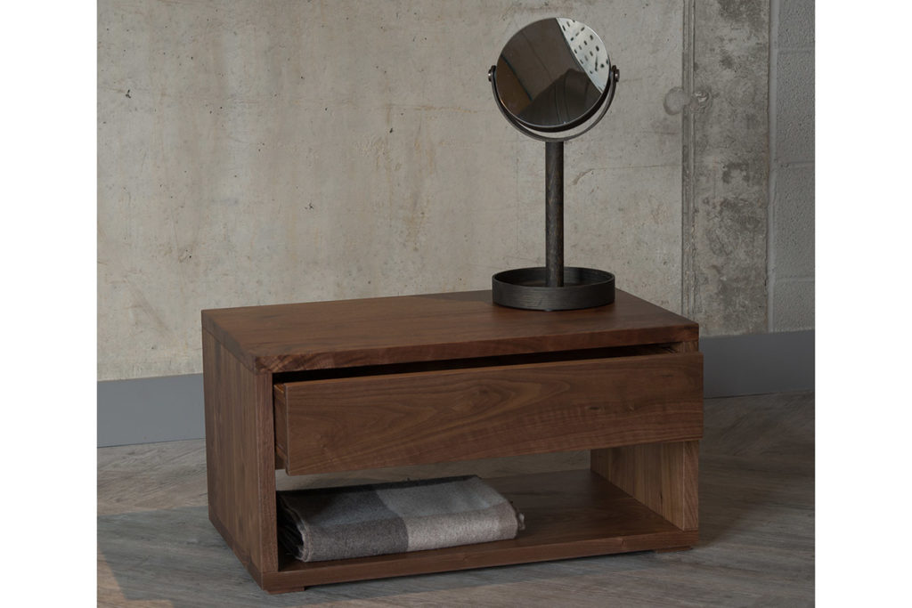 Cube low wide bedside table with a drawer, in walnut wood