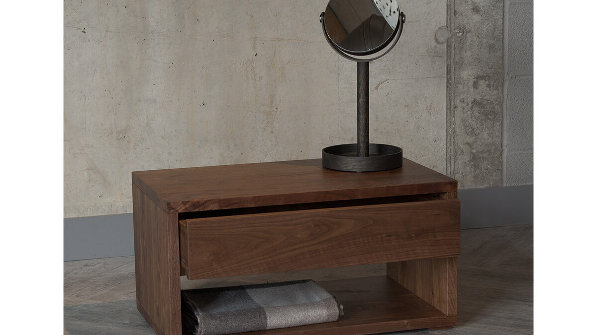 Cube low wide bedside table with a drawer, in walnut wood