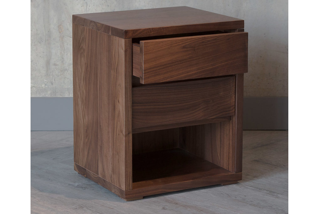 Bedside table from the Cube collection of walnut bedroom furniture from Natural Bed Company