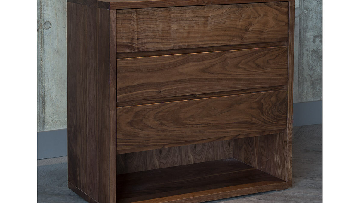 Cube 3 drawer bedroom storage chest in Walnut wood.