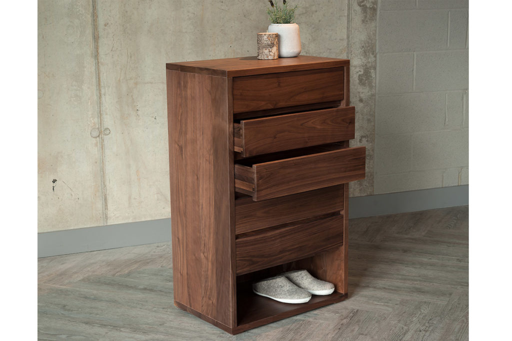 Cube collection 5 drawer tall chest in Walnut wood, also comes in Oak