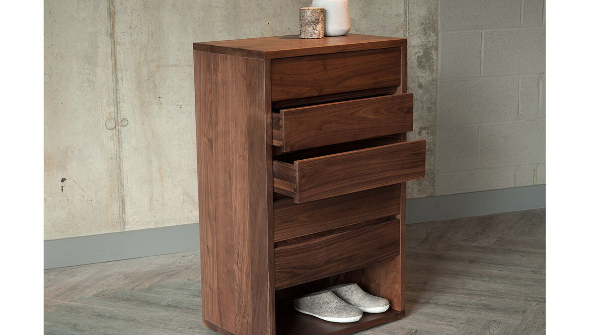 Cube collection 5 drawer tall chest in Walnut wood, also comes in Oak