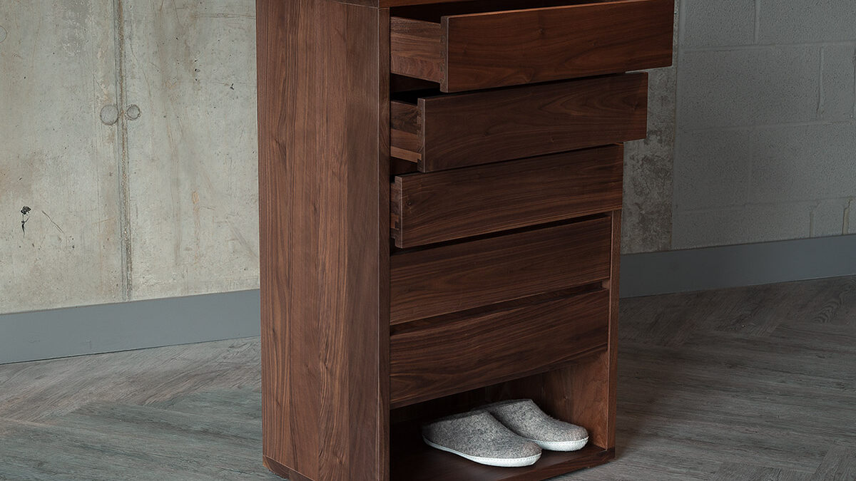 walnut 5 drawer tall boy from Natural Bed Company