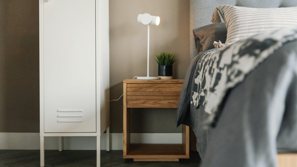 cube bedside table in oak with grrove detail to drawer front